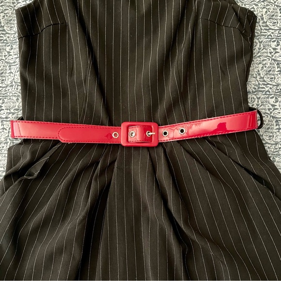 Charlotte Russe Black Pinstriped Career Dress with Red Patent Belt - Picture 4 of 9